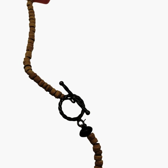 Wooden Bead Necklace Red Glass Square Pendant Beachy Coastal Spring Break 21 in - Picture 5 of 5